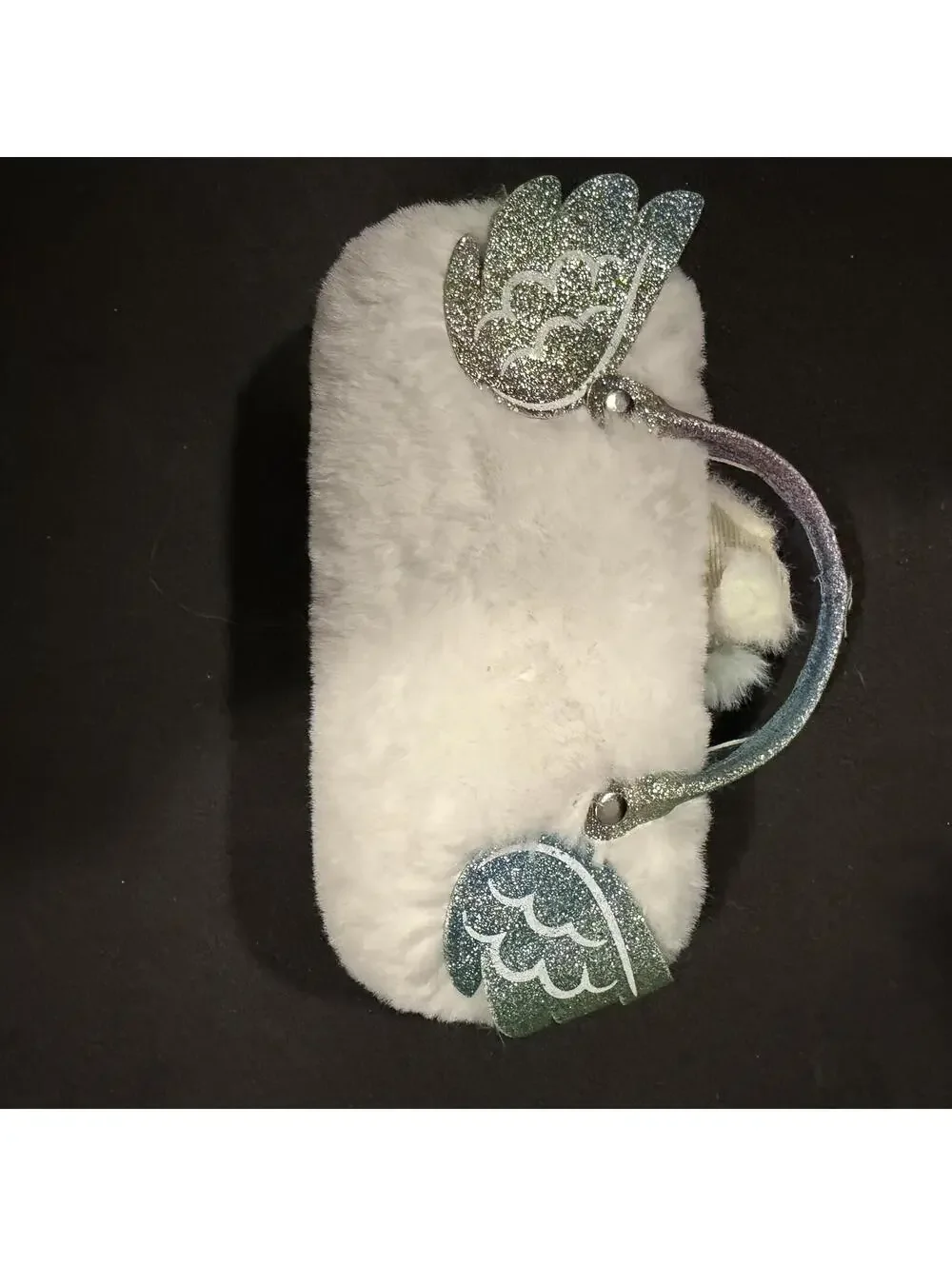 White Unicorn Plush Sun Glasses Case with Silver Handles and Glitter Wings